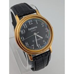 Fantasma Disney Watch Unisex Watch 36mm Gold Case Black Leather Band New Battery